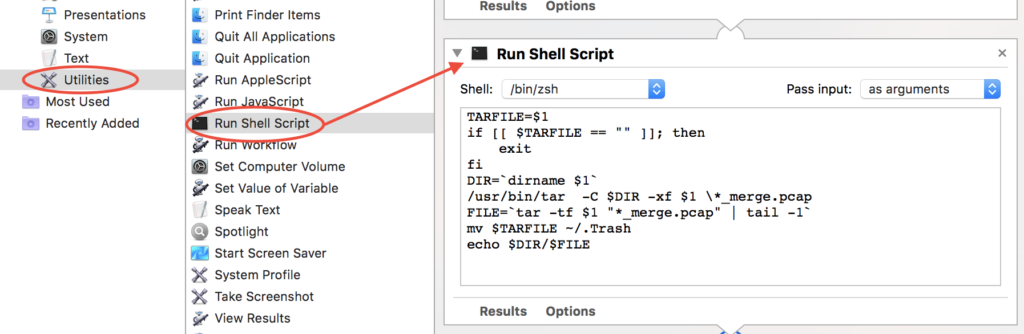 Automator - Add Shell Script